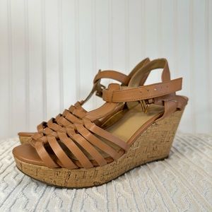 LIZ CLAIBORNE Strappy Leather Kila Cork Wedge Sandal 8.5 Beige Cognac